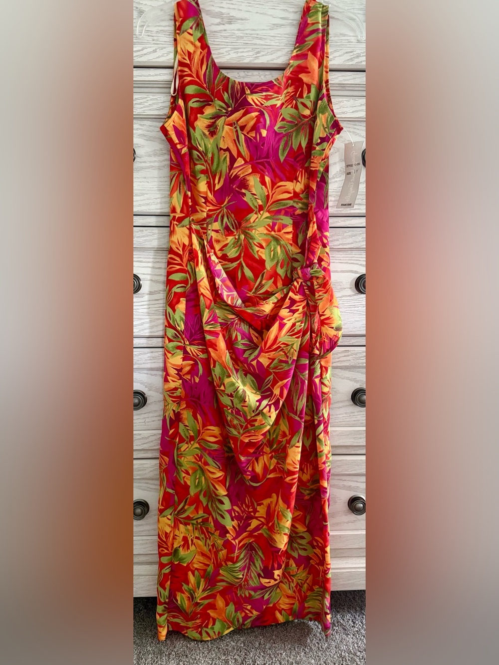Vintage NWT Tropical Side Drape Maxi Dress Vibrant Colorful Palm Print (Size 10)